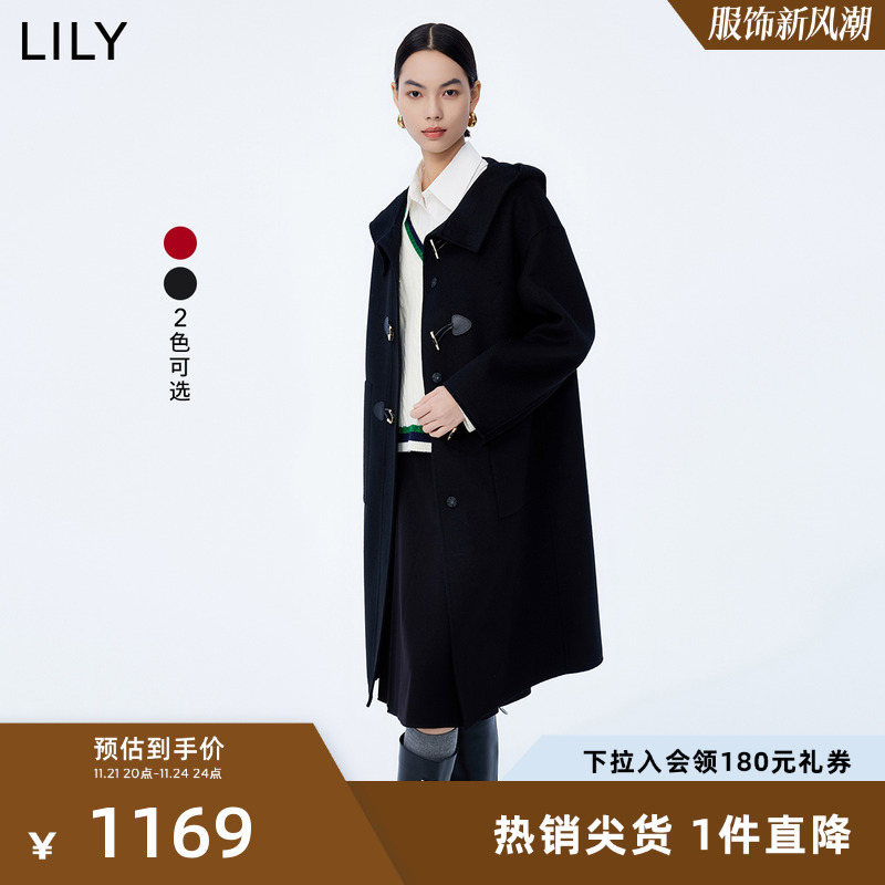 LILY2023冬新款女装全绵羊毛气质复古通勤款长款连帽毛呢外套大衣