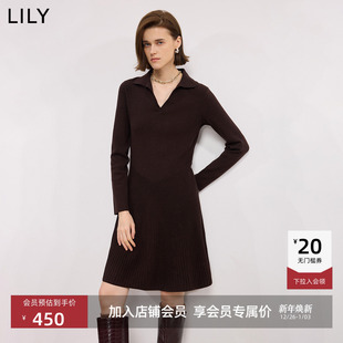 连衣裙女 收腰气质通勤深色长袖 LILY2025冬新款 含羊毛复古翻领修身