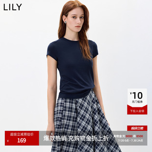 LILY2026秋新款女装莱赛尔羊毛混纺简约休闲通勤百搭纯色短袖T恤