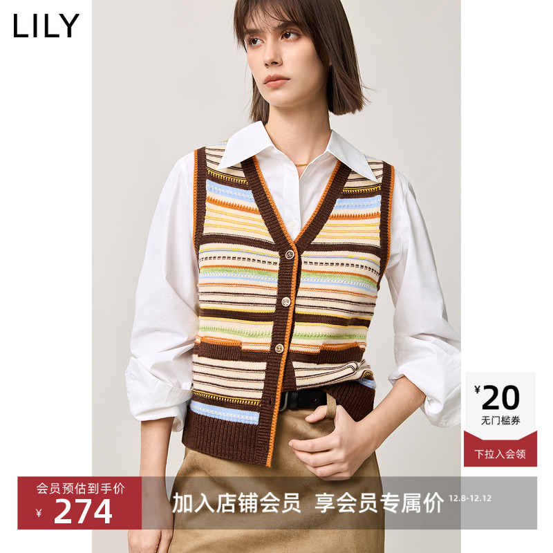 LILY绵羊毛混纺彩色条纹针织马甲