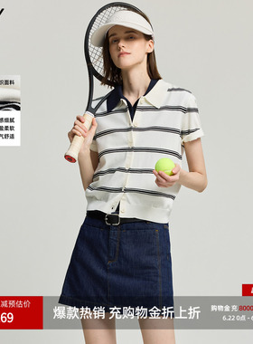 LILY2026新款女装学院风翻领条纹短款小上衣轻薄白色短袖针织衫