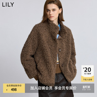 LILY2025冬新款 小个子 简约松弛感立领宽松休闲暖感毛绒外套女短款