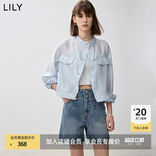 LILY2026夏新款 莫代尔醋酸混纺工装 休闲气质通勤蓝色外套短款 女装