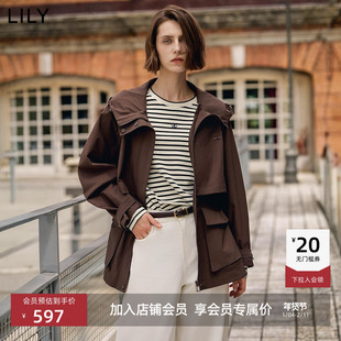 LILY2025新款女装复古休闲连帽抽绳百搭宽松通勤风衣式夹克外套