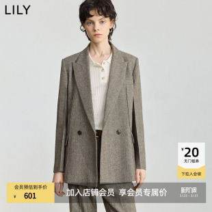 外套 羊毛混纺老钱风人字纹气质通勤卡其色西装 LILY2025冬新款 女装