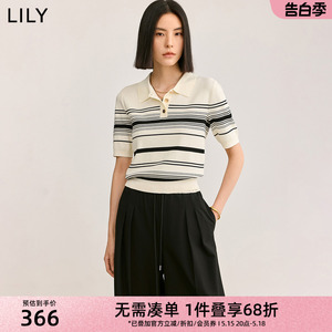 LILY2024夏新款女装复古条纹休闲通勤款都市气质修身款POLO针织衫