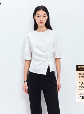 LILY2026春新款纯棉设计感不规则抽褶扭结休闲通勤白色短袖T恤女