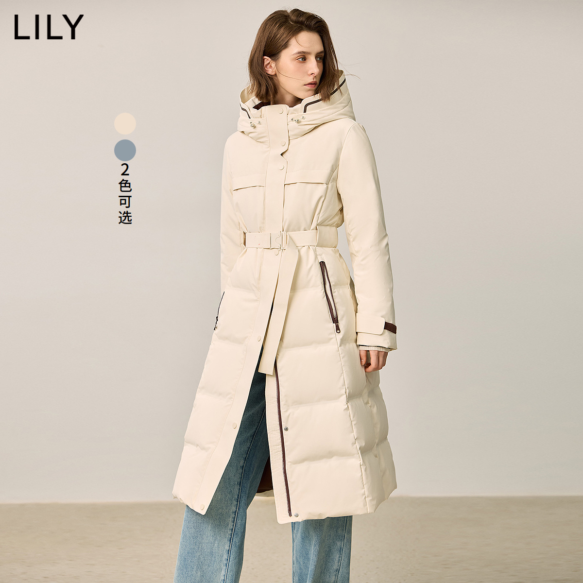 【极寒工装羽绒】LILY2024冬新款女装机能连帽收腰鸭绒羽绒服长款