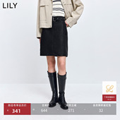 LILY2026春新款 复古时髦腰带气质休闲通勤黑色直筒皮裙半身短裙女