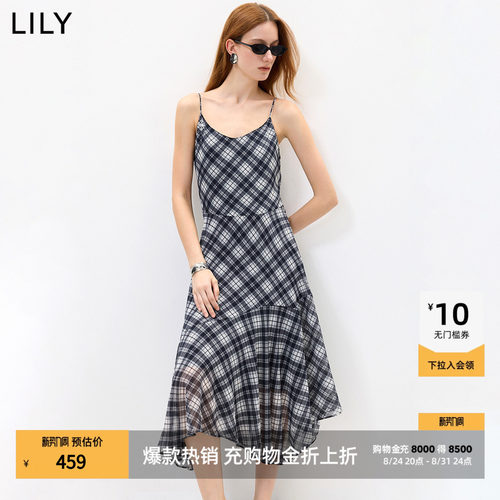 LILY2026秋新款女装复古U领撞色格纹印花垂感气质通勤吊带连衣裙