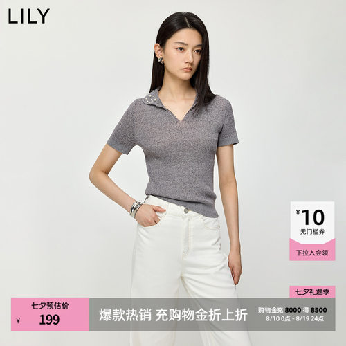 LILY钉珠翻领短袖修身通勤针织衫