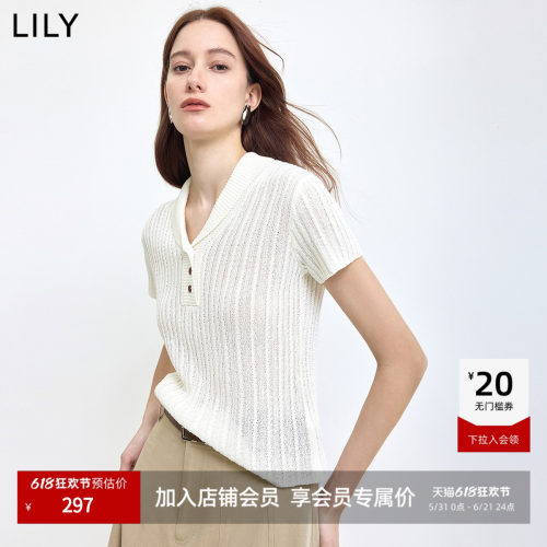 LILY翻领纯色混纺短袖女装针织衫