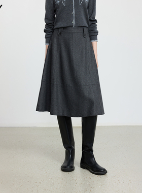 LILY2025冬新款女装格雷系橡筋腰休闲气质通勤加厚灰色半身裙伞裙