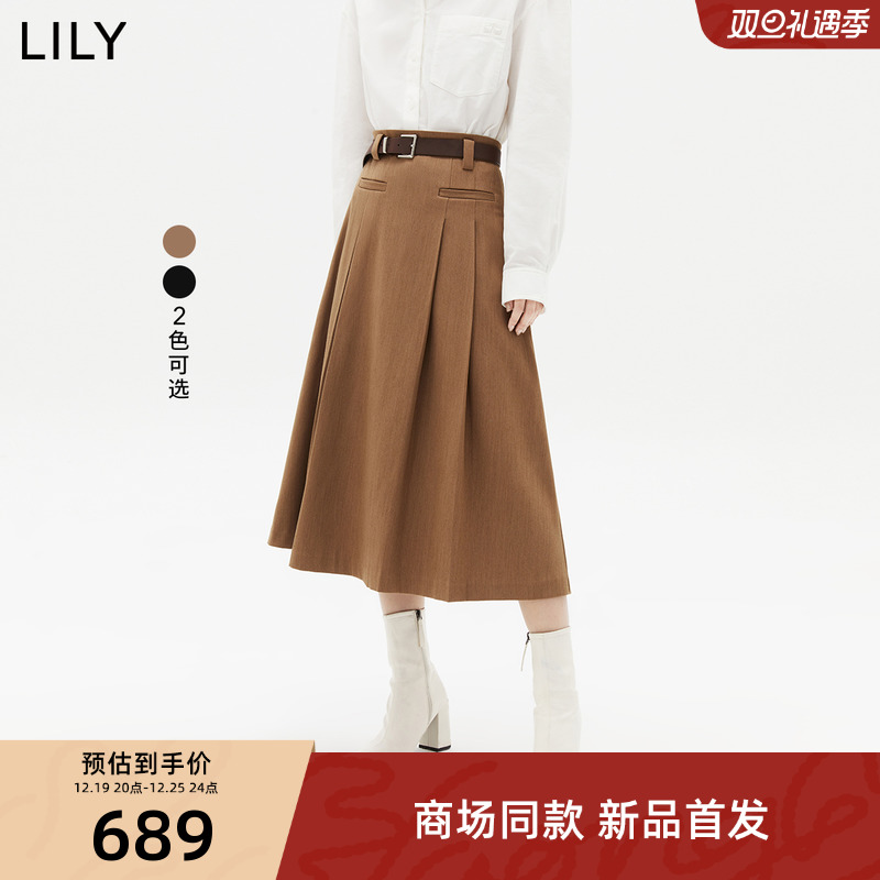 【宋茜同款】LILY2023冬新款女装通勤设计感压褶学院风遮胯半身裙
