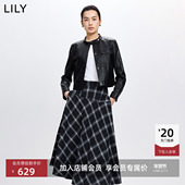 LILY2026春新款 女装 小立领正肩休闲气质通勤机车夹克上衣皮衣外套