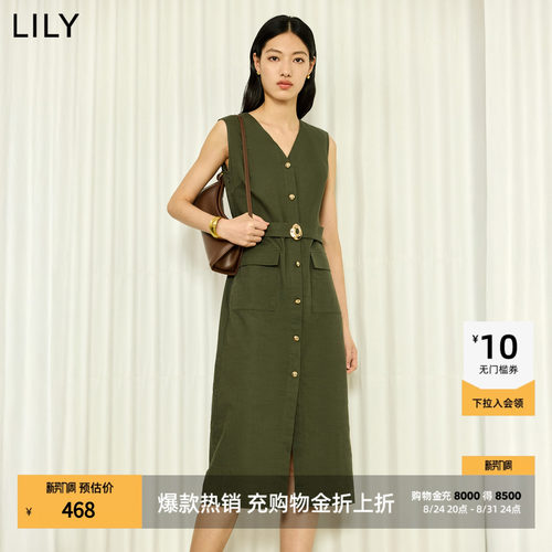 LILY通勤收腰棉麻无袖混纺连衣裙