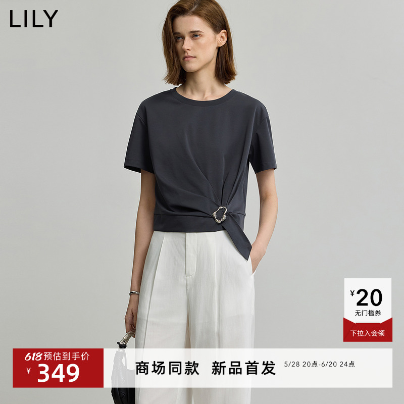 【ART系列】商场同款LILY2025夏新款女装复古休闲收腰灰色短袖T恤