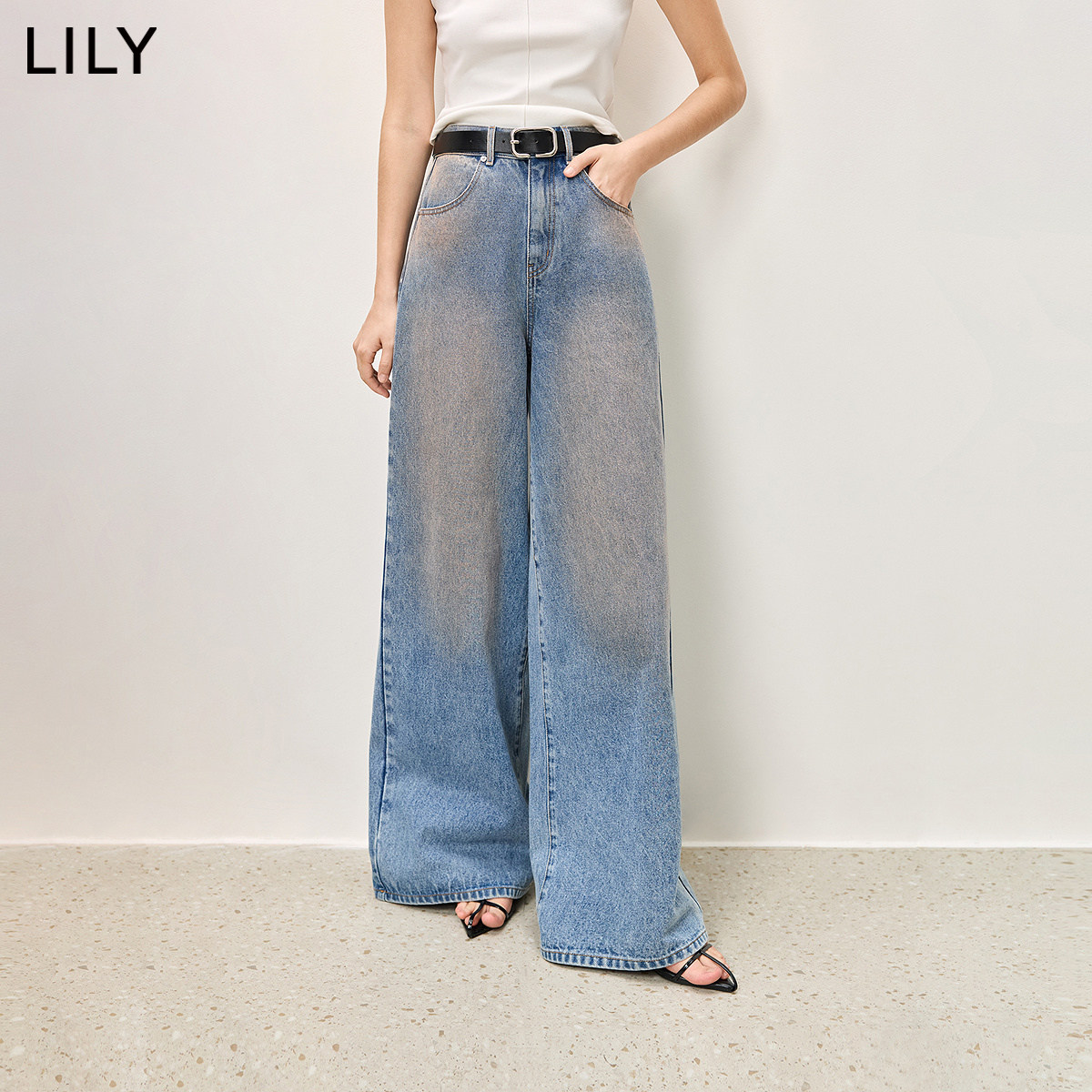 【腮红牛仔裤】商场同款LILY2025纯棉收腰百搭阔腿裤牛仔裤女
