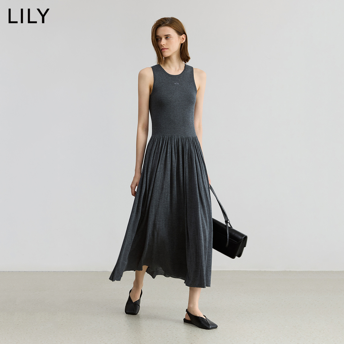 【商场同款】LILY2025秋新款含羊绒羊毛深色无袖圆领吊带连衣裙女