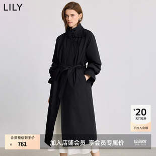 LILY2025冬新款简约立领90鸭绒宽松休闲通勤黑色羽绒服长款外套女