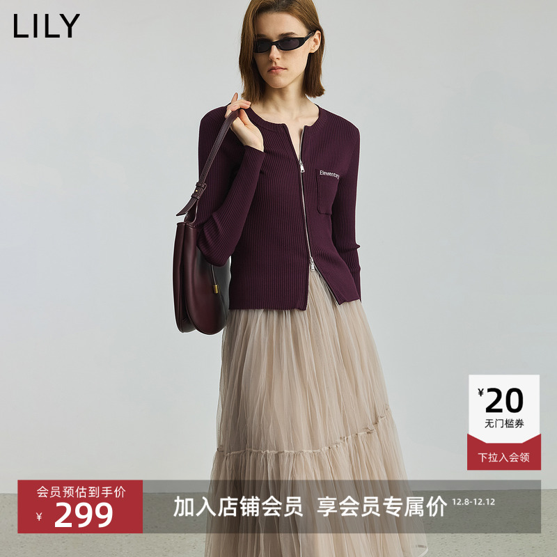LILY复古女装修身深色针织开衫