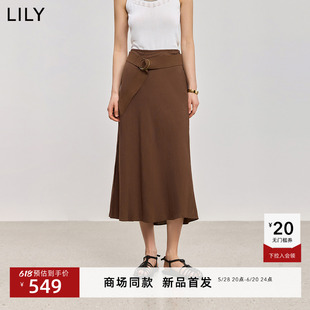 【商场同款】LILY2025夏新款含亚麻复古斜裁开叉休闲棕色半身裙女