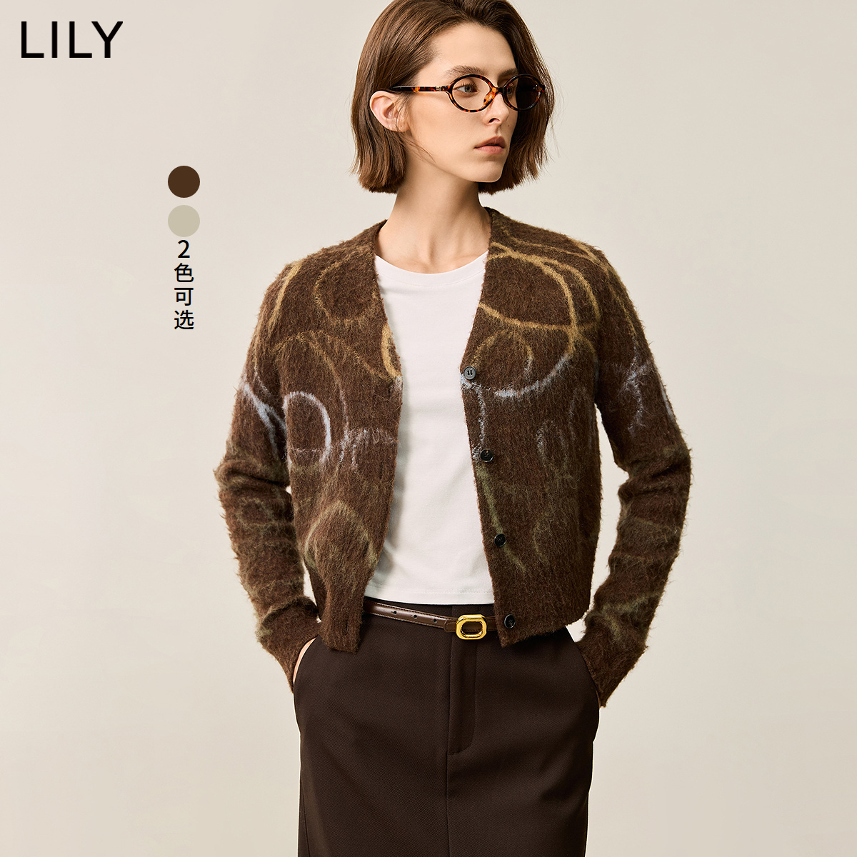 【商场同款】LILY2024冬新款女装气质印花V领毛绒感针织开衫外套