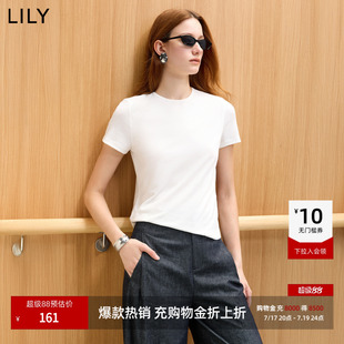 LILY2026秋新款莱赛尔亚麻混纺简约圆领休闲纯色短袖套头T恤短款