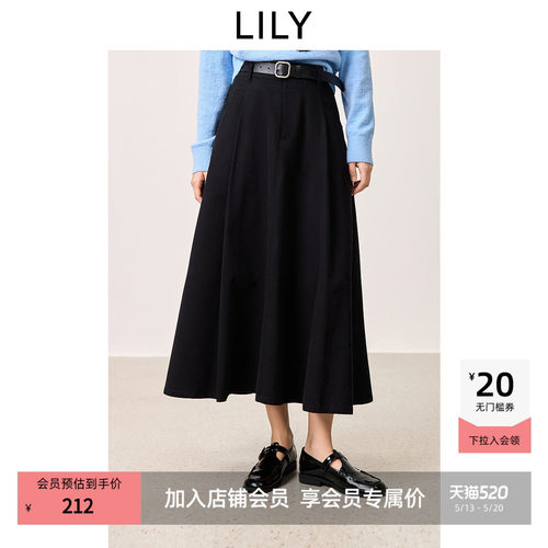 【商场同款】LILY2025新款女装全棉百搭通勤黑色A字半身裙伞裙