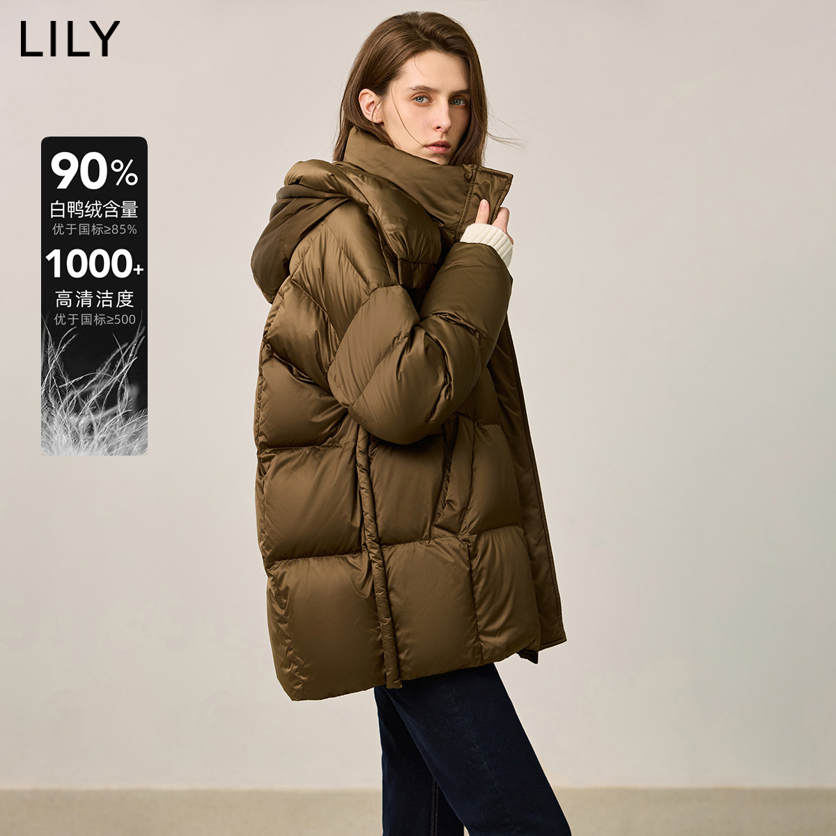 【0压羽绒】LILY2024冬新款女装休闲连帽90鸭绒羽绒服外套女短款