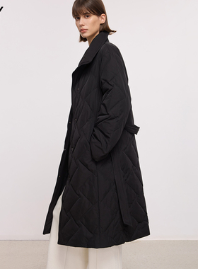 LILY2025冬新款女装复古立领翻领腰带收腰百搭通勤黑色羽绒服外套