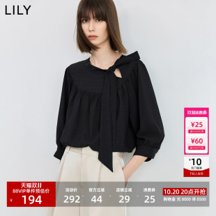LILY2026新款法式飘带领设计感抽褶泡泡袖上衣七分袖宽松雪纺衫女