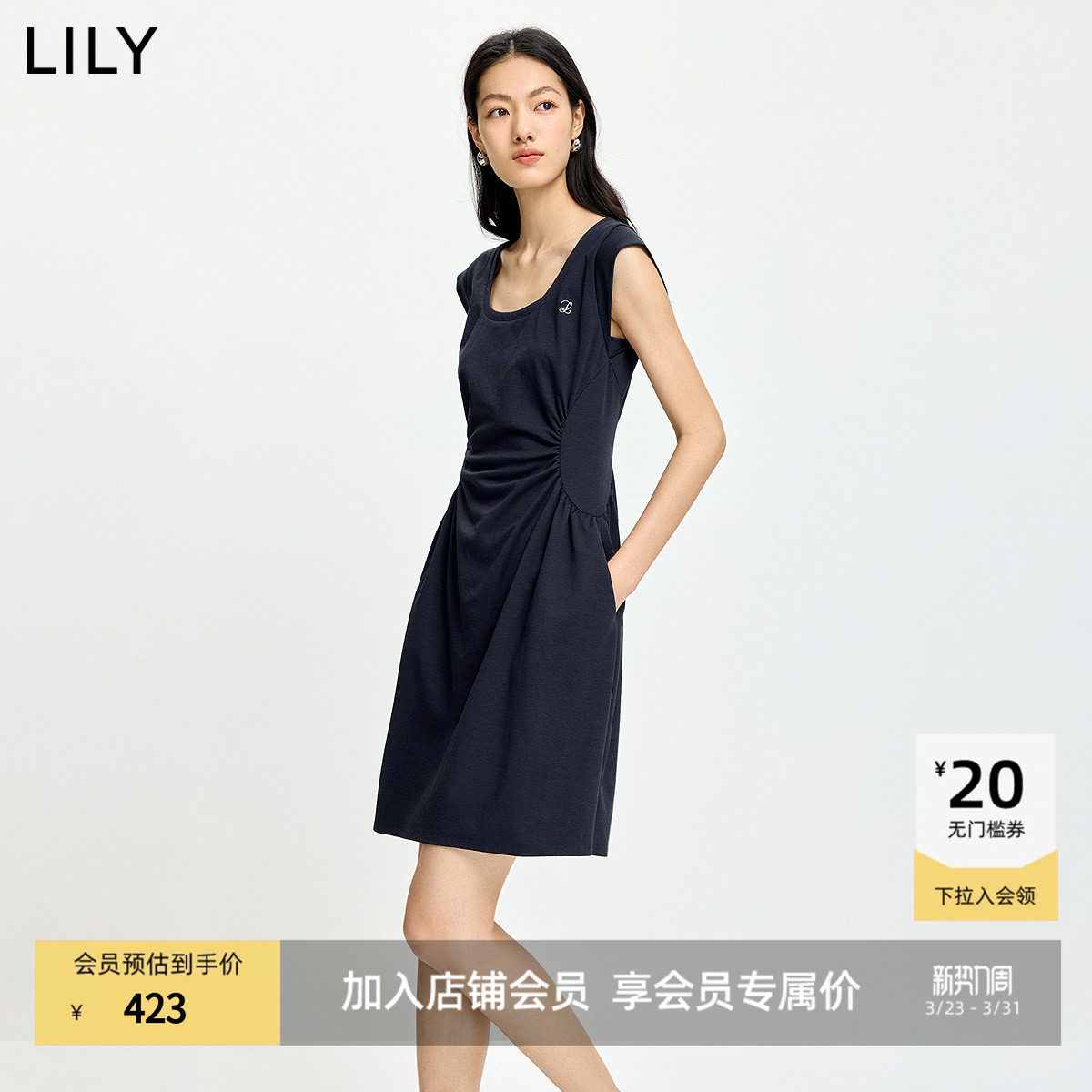 LILY2026夏新款莫代尔醋酸混纺复古U领小飞袖收腰藏青色连衣