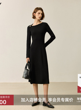LILY2025冬新款含羊毛设计感收腰气质黑色显瘦A字长袖连衣裙女