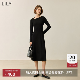 LILY2025冬新款含羊毛设计感收腰气质黑色显瘦A字长袖连衣裙女
