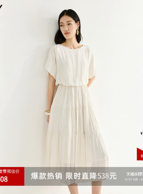 LILY2026夏新款复古简约宽松休闲通勤收腰纯色短袖连衣裙女蛋糕裙