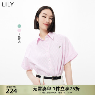 衬衫 LILY夏季 新品 清凉撞色条纹短袖 女刺绣翻领通勤设计感衬衣