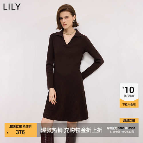 LILY通勤翻领长袖修身连衣裙