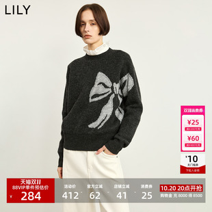 LILY2026冬新款女装格雷系撞色蝴蝶结提花宽松长袖套头针织衫毛衣