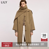LILY2025冬新款 女装 羊毛混纺含围巾贝壳绣休闲气质通勤毛呢外套