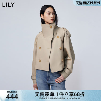 LILY2024春新款女装复古时尚通勤款美拉德穿搭卡其色短款风衣外套