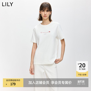 LILY2026春新款 T恤上衣女 撞色绣花磨毛暖感休闲百搭通勤白色短袖