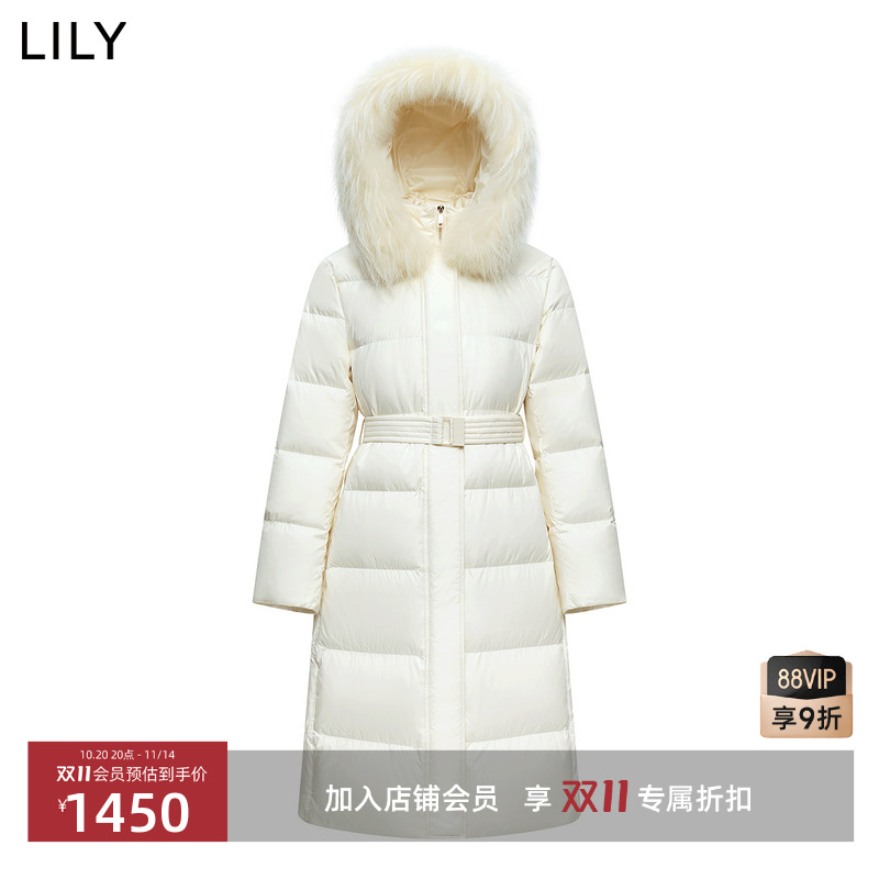 LILY2025冬新款女装貉子毛领90鸭绒通勤加厚米白色羽绒服外套长款
