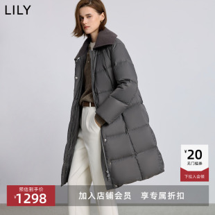 LILY2025冬新款 复古针织翻领宽松休闲90鸭绒泡芙羽绒服外套女长款