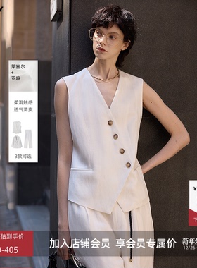 LILY2025新款莱赛尔亚麻复古老钱风不规则斜门襟V领白色马甲女
