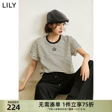 LILY2024夏新款女装时尚休闲通勤款百搭宽松舒适透气条纹短袖T恤