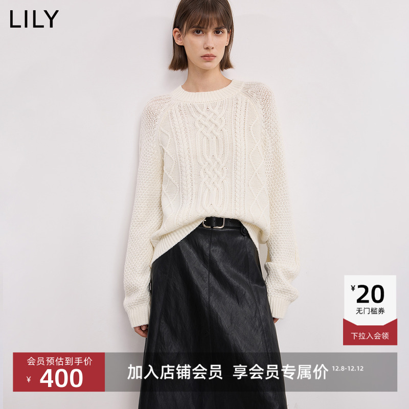 LILY加厚重工白色套头毛衣针织衫