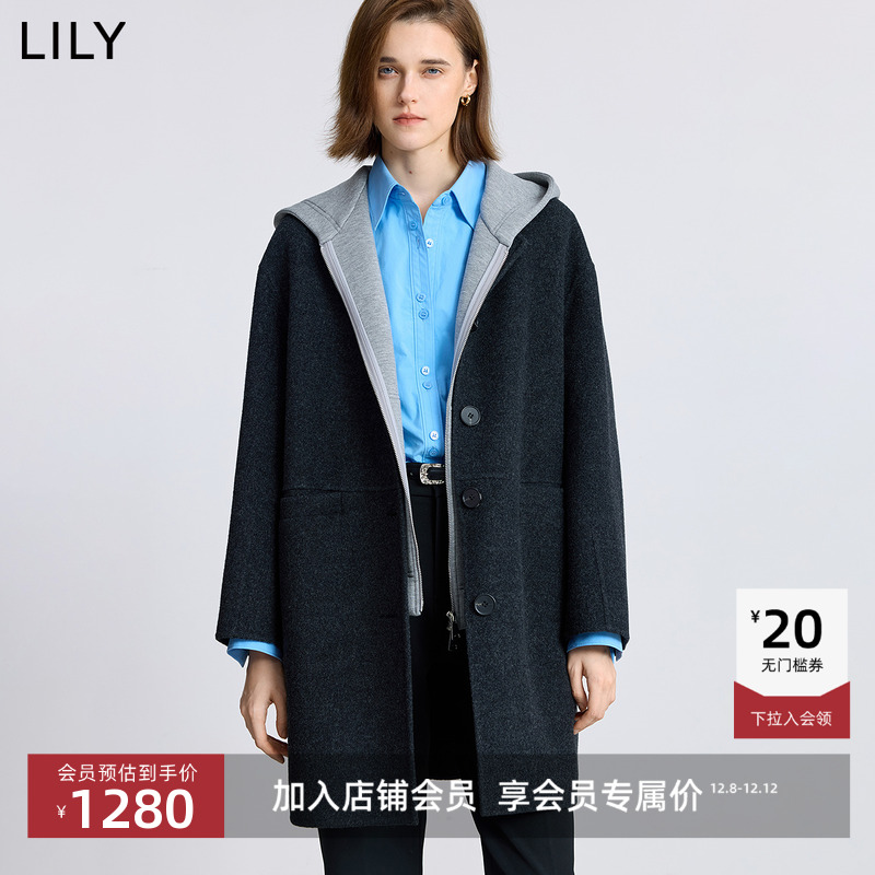 LILY假两件连帽格雷系毛呢外套