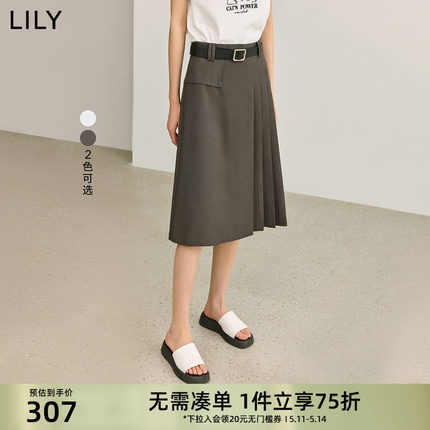 LILY2024夏新款女装设计感学院风通勤款高腰A字不对称百褶半身裙