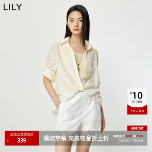 LILY2026夏新款醋酸混纺设计感翻领宽松休闲白色长袖套头雪纺衫女